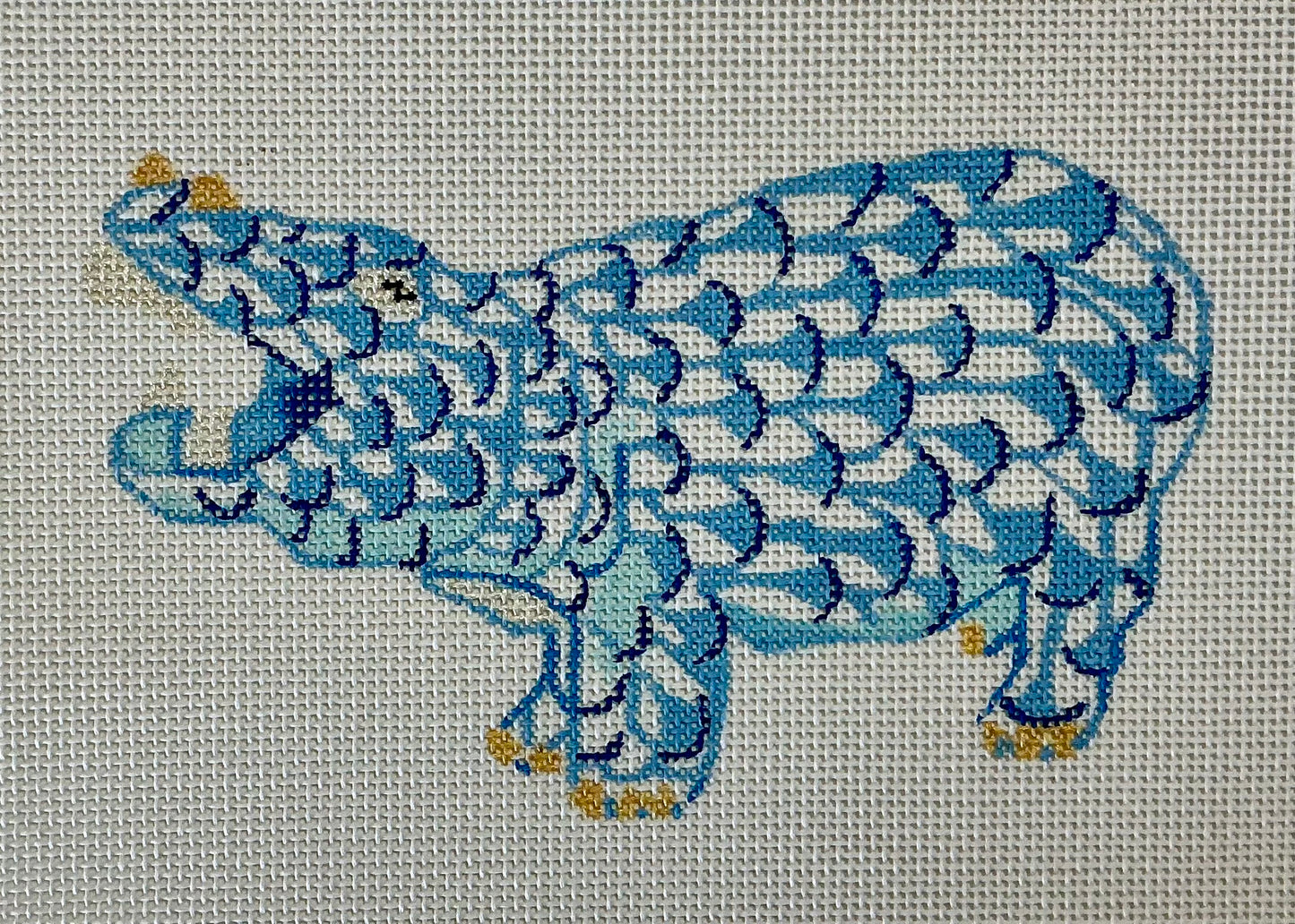 Mini Herend Hippo, Blue with Gold