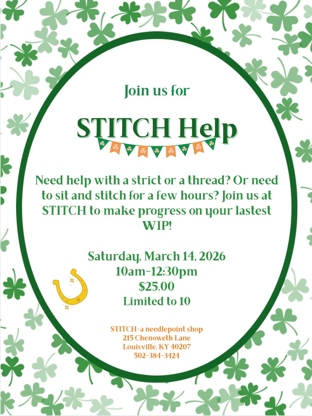STITCH HELP Saturday, March 14, 2026 10am-12:30pm