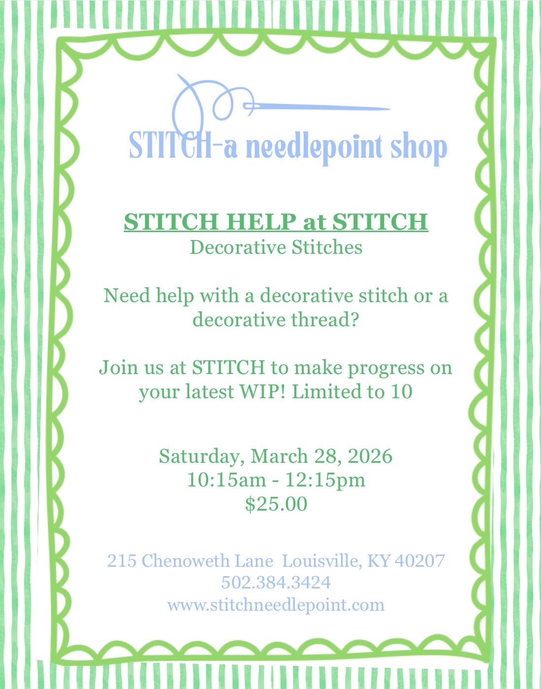 STITCH HELP-Decorative Stitches Saturday, March 28, 2026 10:15am-12:15pm