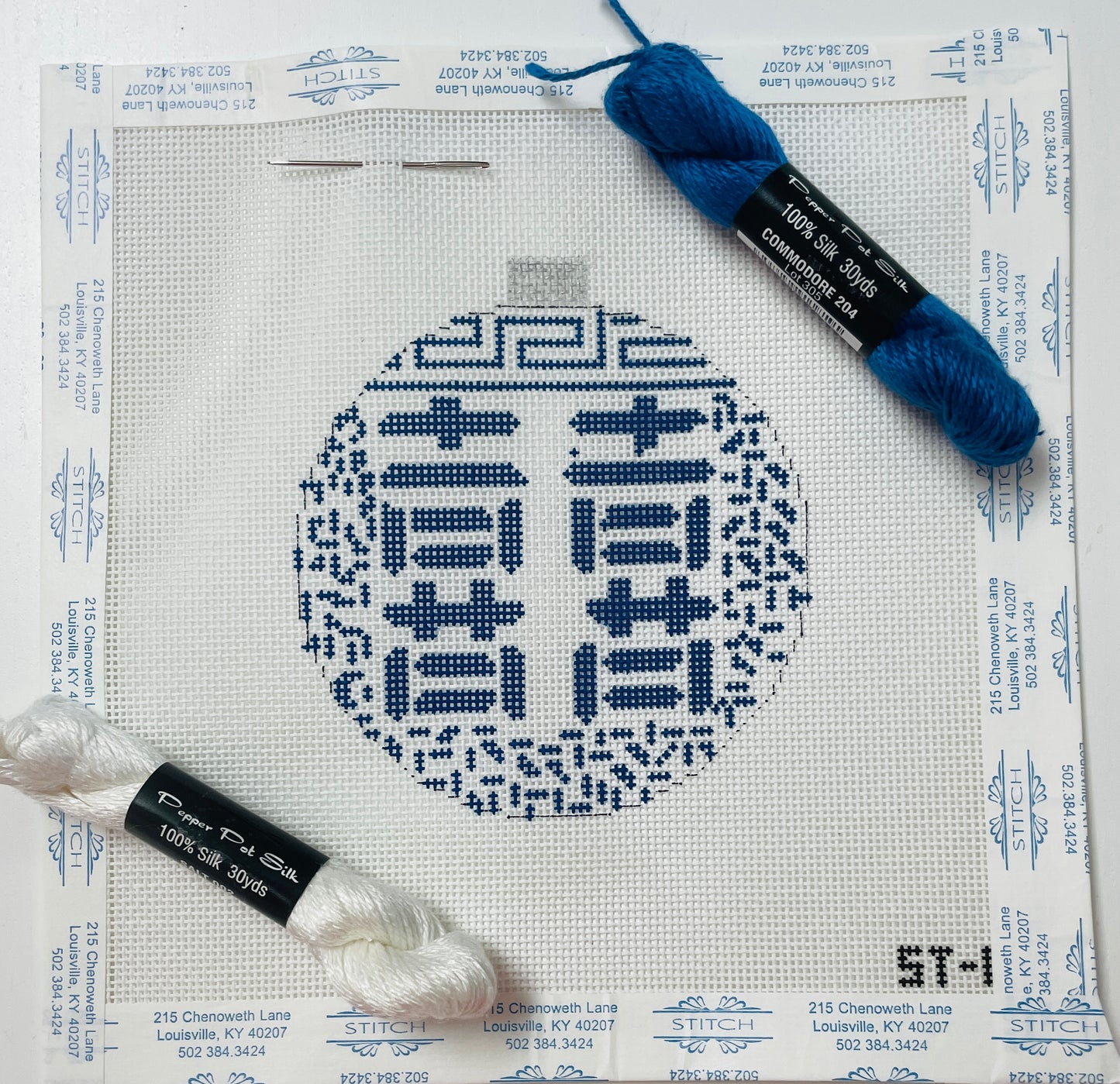 Round Blue and White Chinoiserie Kitted with Threads