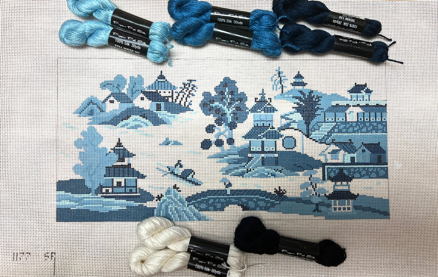 Porcelain Blue Japanese Scene with Pepper Pot Silk Thread