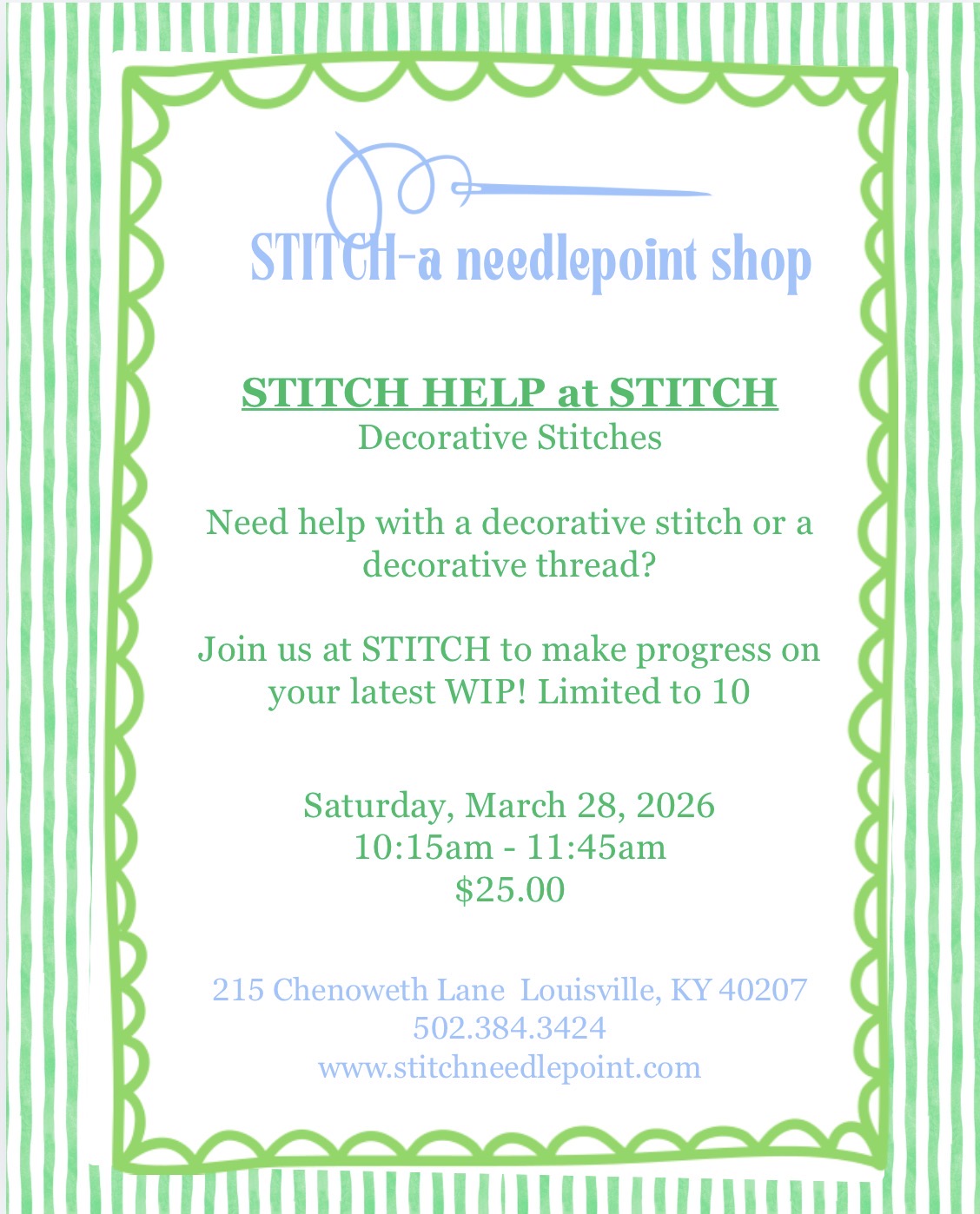 STITCH HELP-Decorative Stitches Saturday, March 28, 2026 10:15am-11:45am