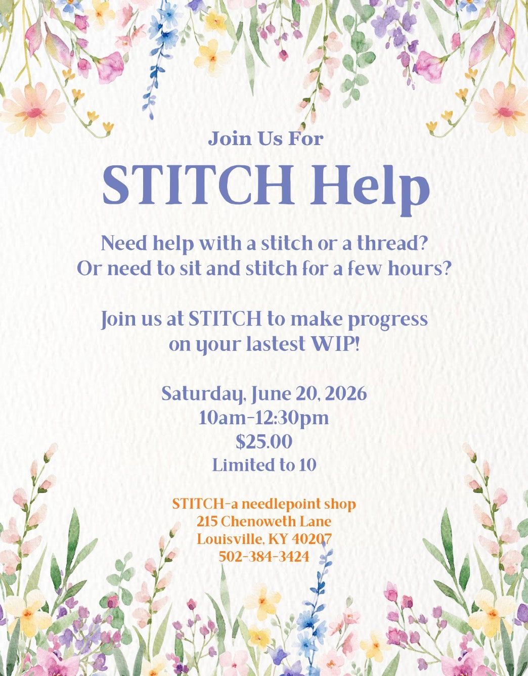 STITCH HELP Saturday, June 20, 2026 10am-12:30pm