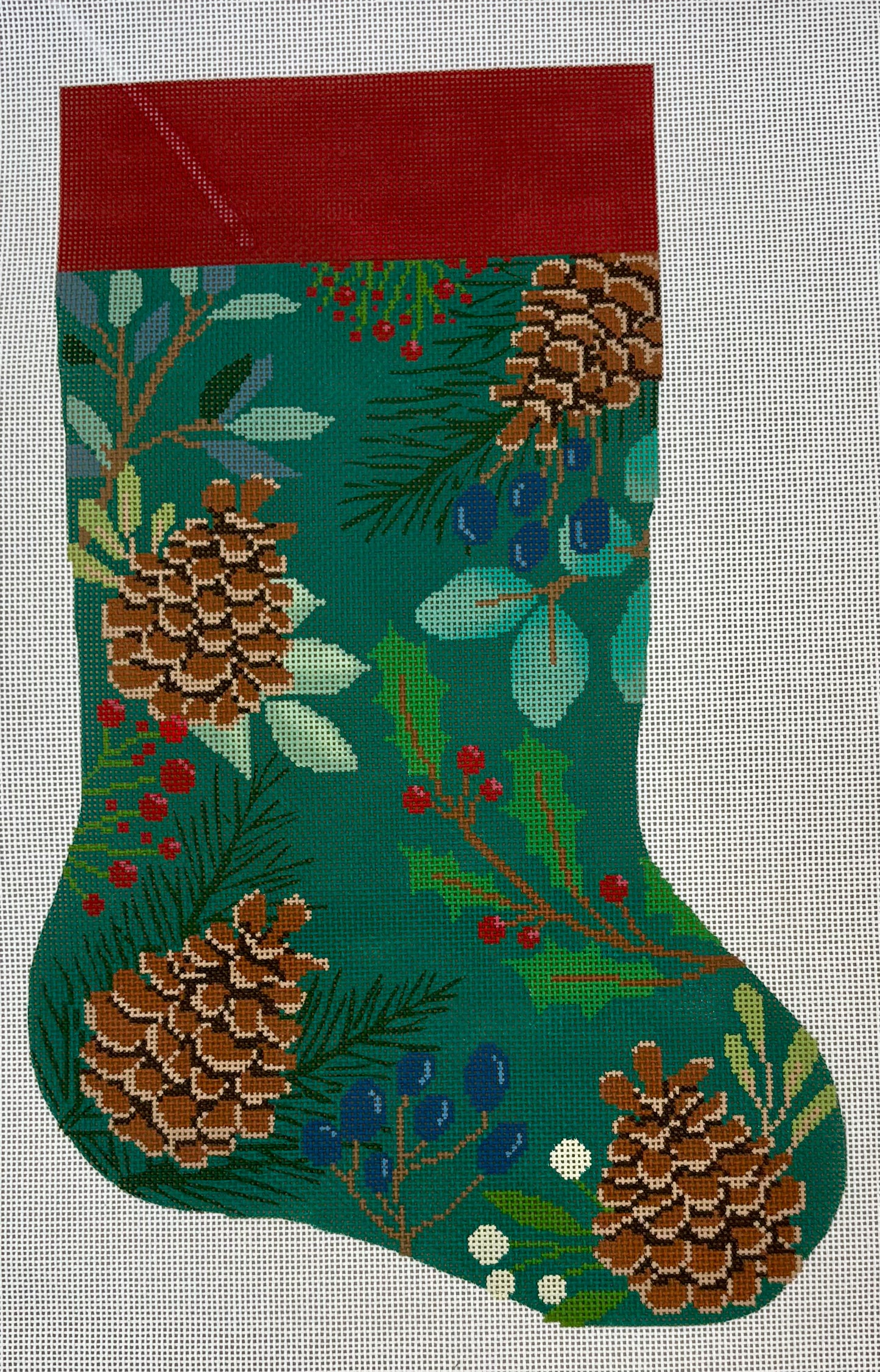 Green Stocking with Pinecones