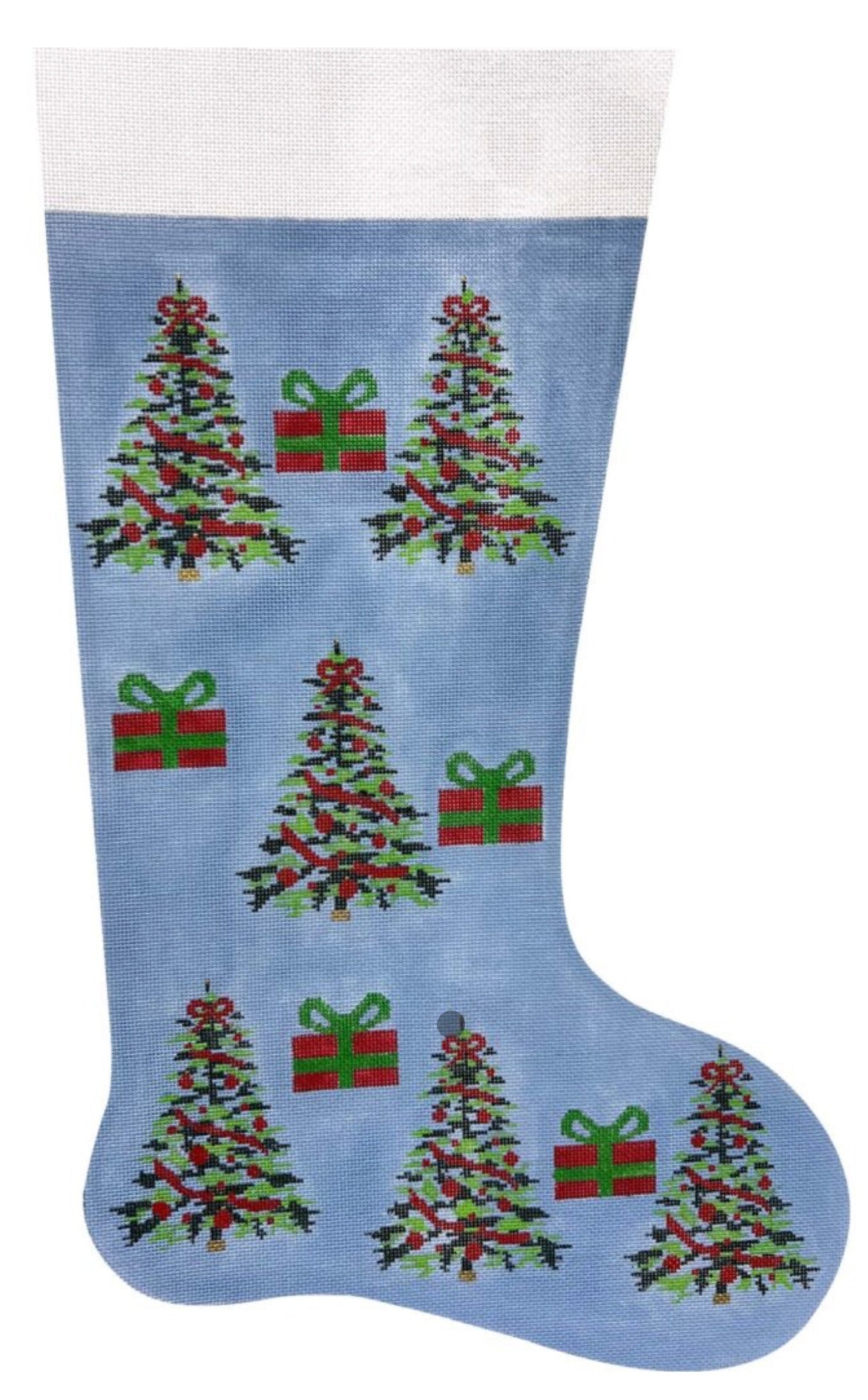 Stocking Blue with Christmas Trees and Gifts