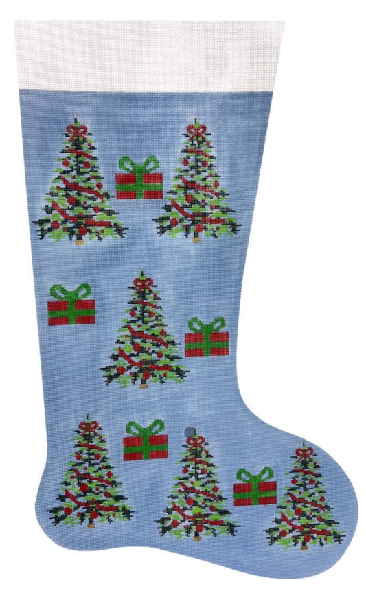 Stocking Blue with Christmas Trees and Gifts