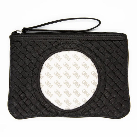 Leather Woven Clutch with Round Insert (Black)