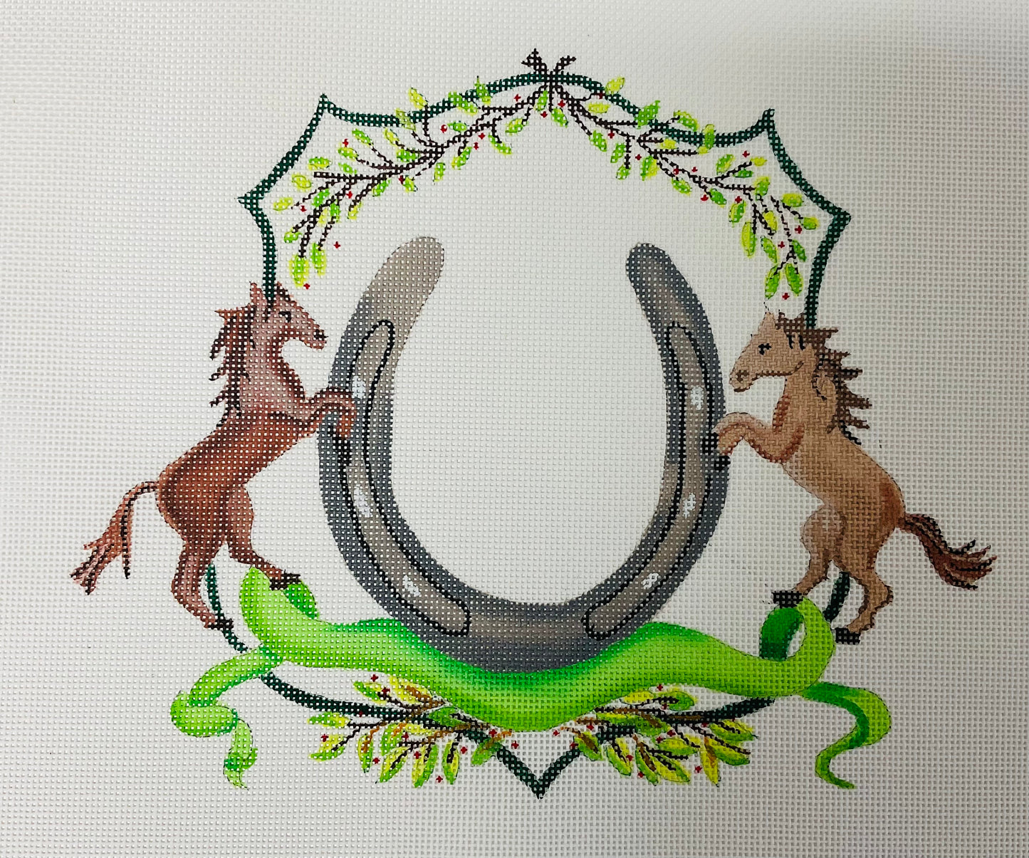 Monogram Crest Horses, Horseshoe, Ribbon and Greenery