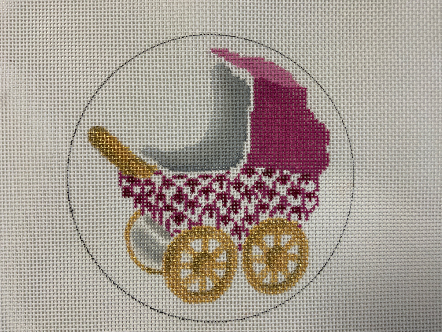 Herend Baby Carriage Pink Round Needlepoint Canvas