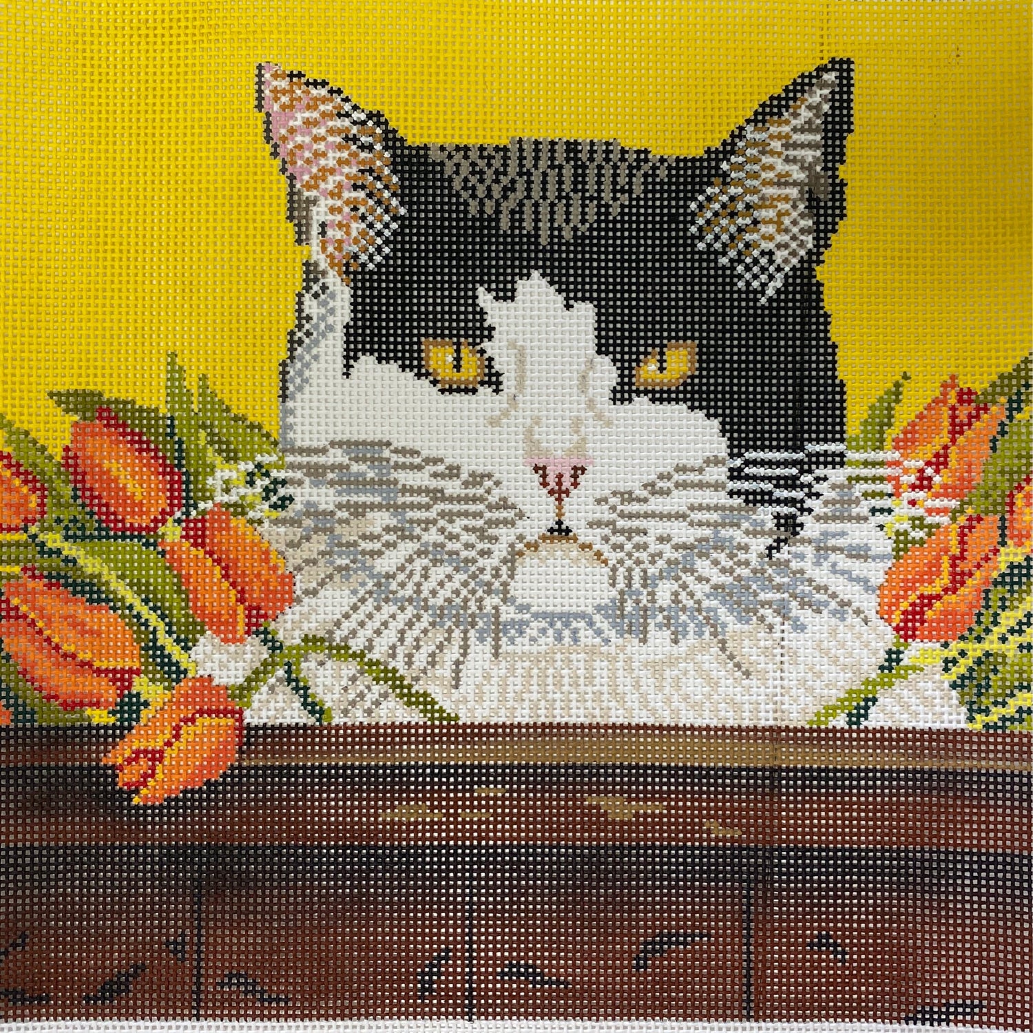 Black and White Cat with Tulips Needlecraft Canvas