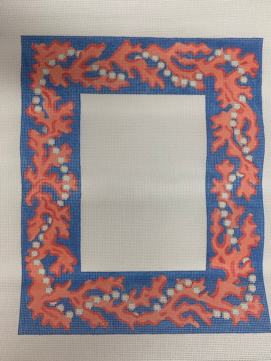Picture Frame Coral and Pearls on Blue Needlecraft Canvas